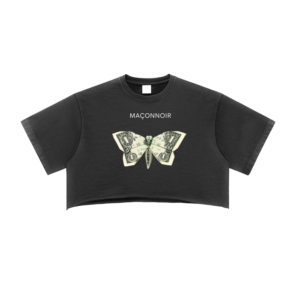 Butterfly Graphic  Washed Raw Edge Crop Top