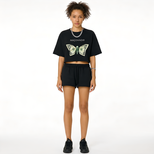 Butterfly Graphic  Washed Raw Edge Crop Top